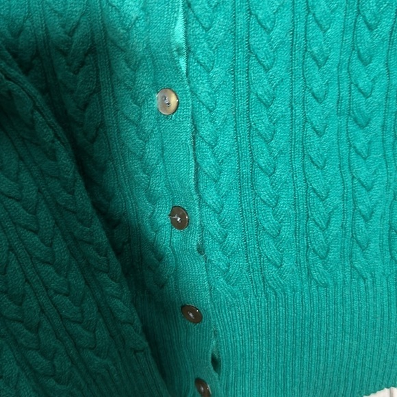 Eddie Bauer Green Cableknit Cotton Nylon Button Up Babydoll Cardigan Size Medium - Picture 2 of 3